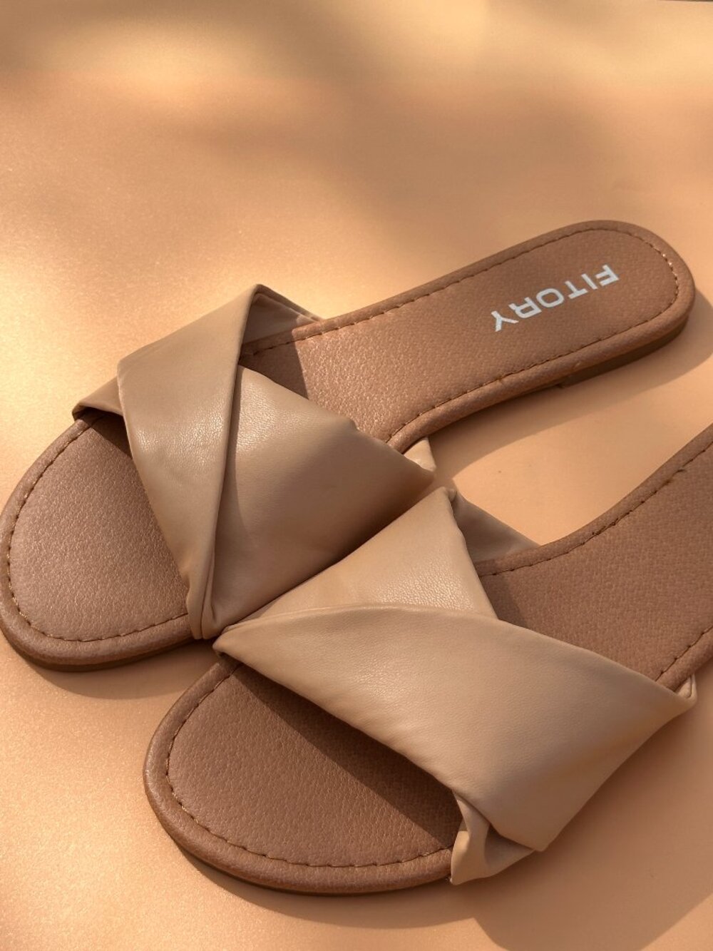 FITORY Women's US 9, 11 Nude Flat Sandals Soft Leather Slide Slippers Summer Fas